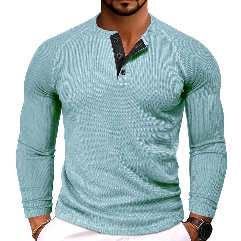 

Men s Autumn/Winter Waffle Knit Round Neck Raglan Henley Long Sleeve Base Layer T-shirt US XL светло-синий