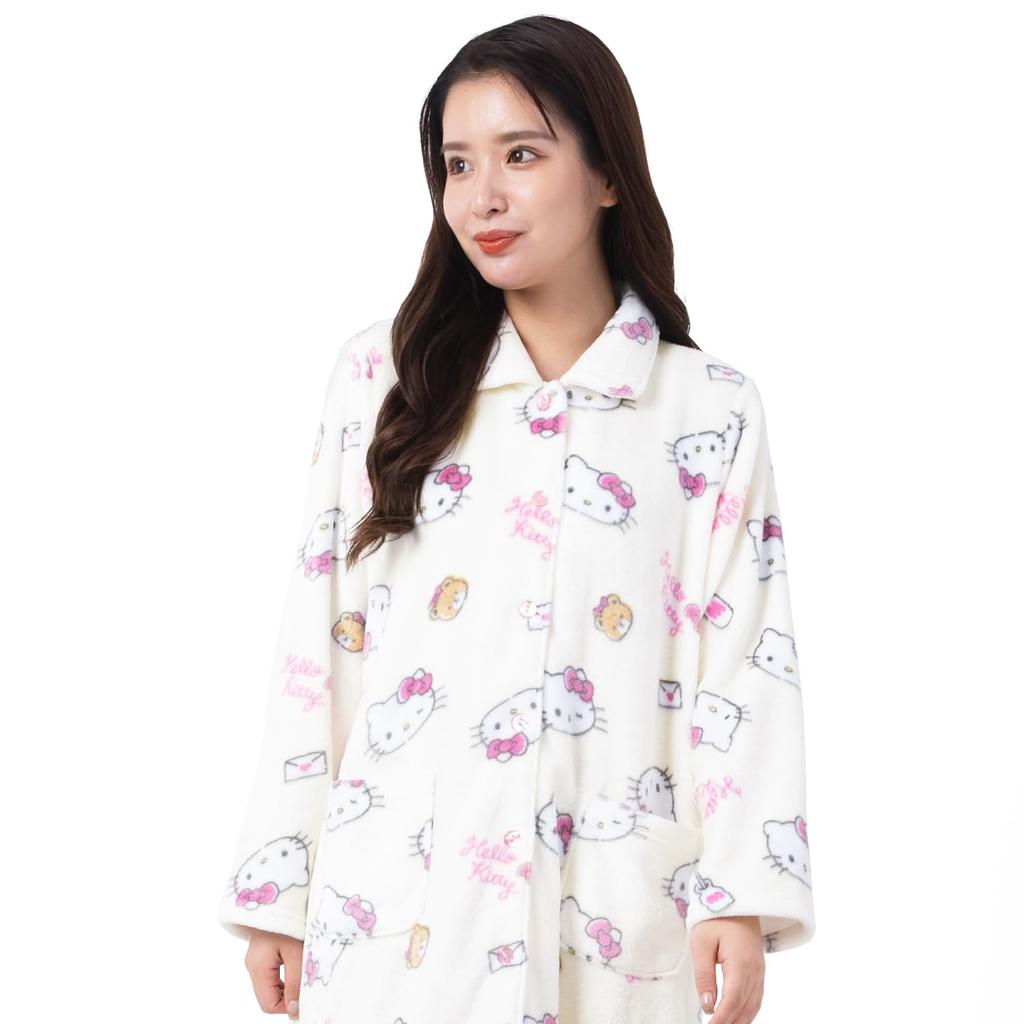 Hello Kitty Nightgown Flannel Loungewear Pink Ribbon Hello Kitty [Sazac] One-piece Women's Button-down (Ivory/ML/SAN1747)