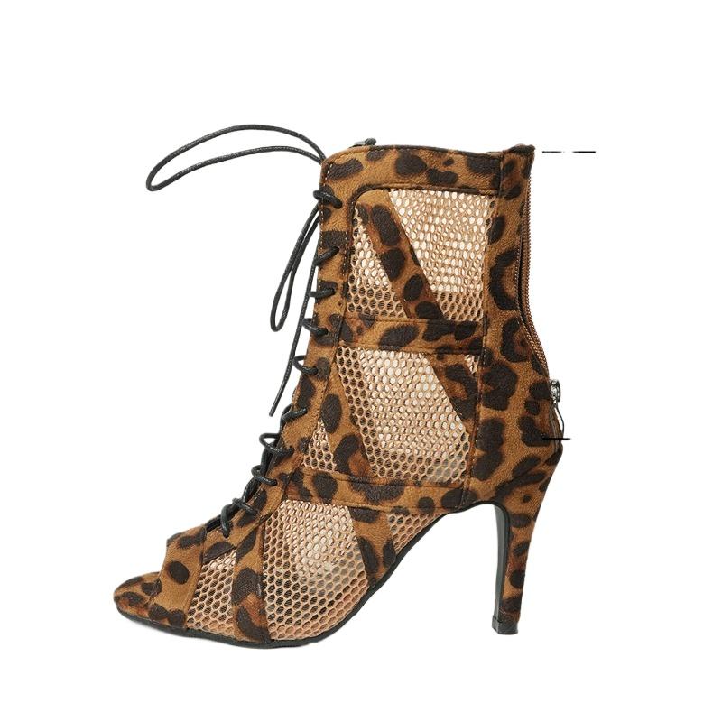 Fashion Plus Size 2025 Hot Sale Mesh Women's Peep Toe Boots Round Toe Lace Up Back Zip Ankle Sandal Boots Leopard Versatile Modern Boots