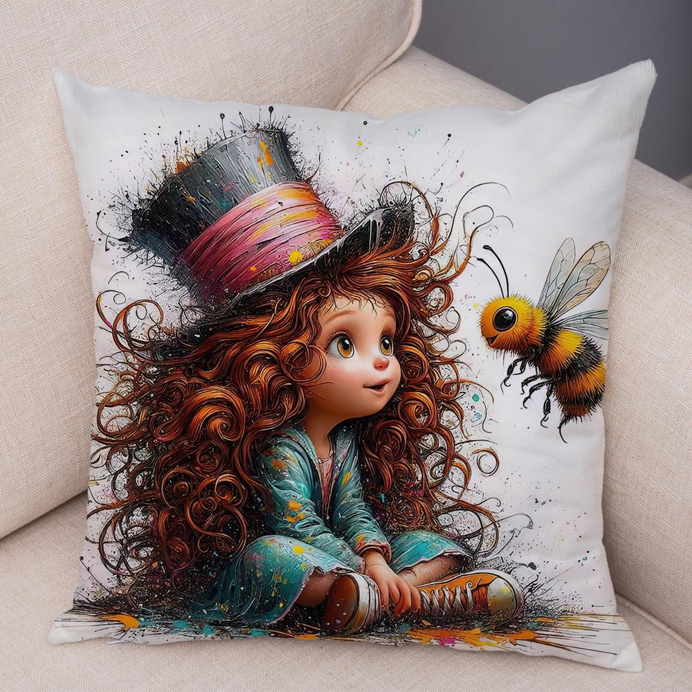 Double Print Cute Cartoon Explosive Hairstyle Cushion Cover Pillowcase Decor for Sofa Home  Super Soft Plush Pillow Case