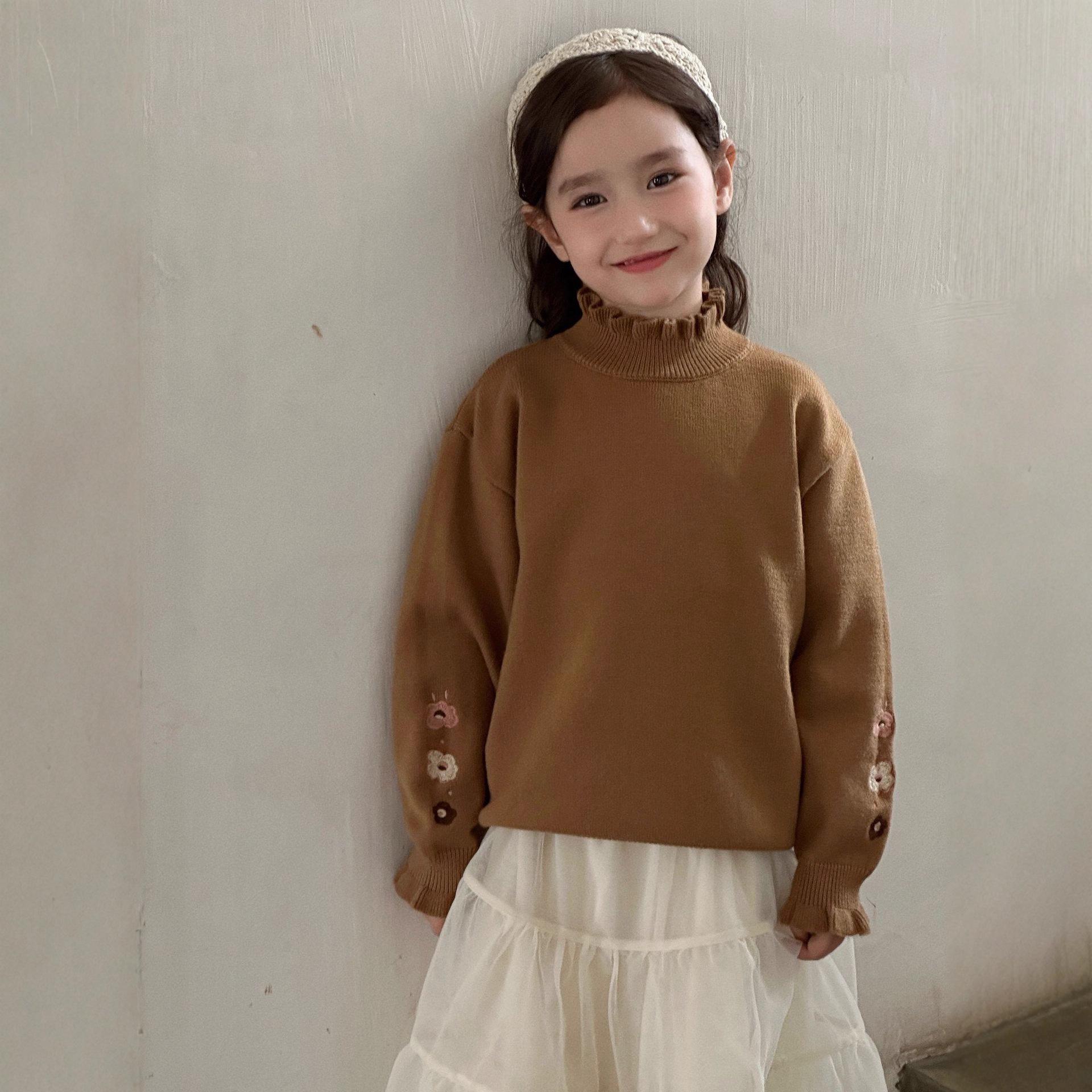 

Girls High Neck Frill Embroidered Sweater for Autumn and Winter 120 cm жовтий/імбирний