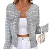 Women's Cardigans - Women's Long Sleeve Button Cropped Knit Cardigan, Elegant Tweed Style Short Sweater Coat, Daily Fashion Outerwear Women