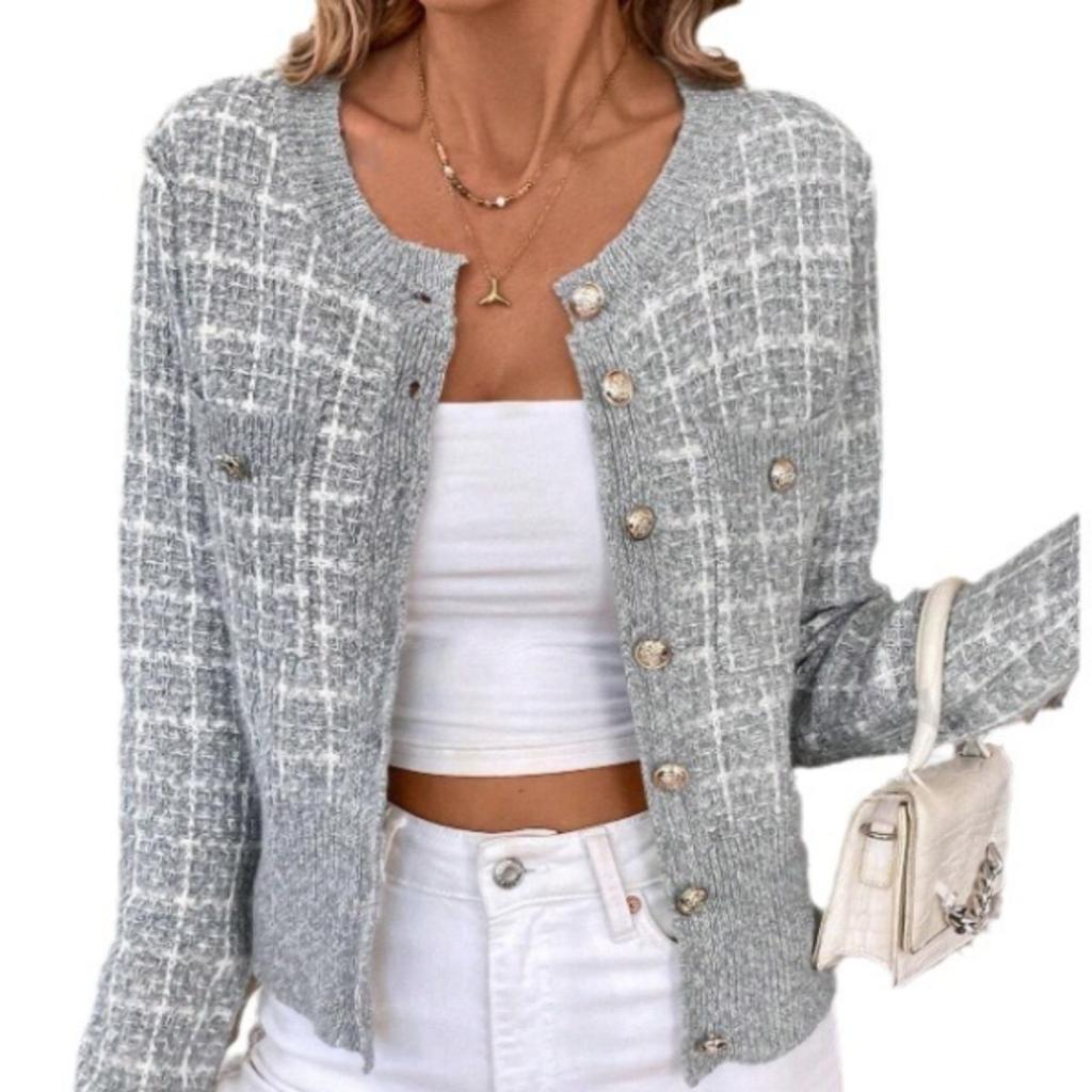 Women's Cardigans - Women's Long Sleeve Button Cropped Knit Cardigan, Elegant Tweed Style Short Sweater Coat, Daily Fashion Outerwear Women