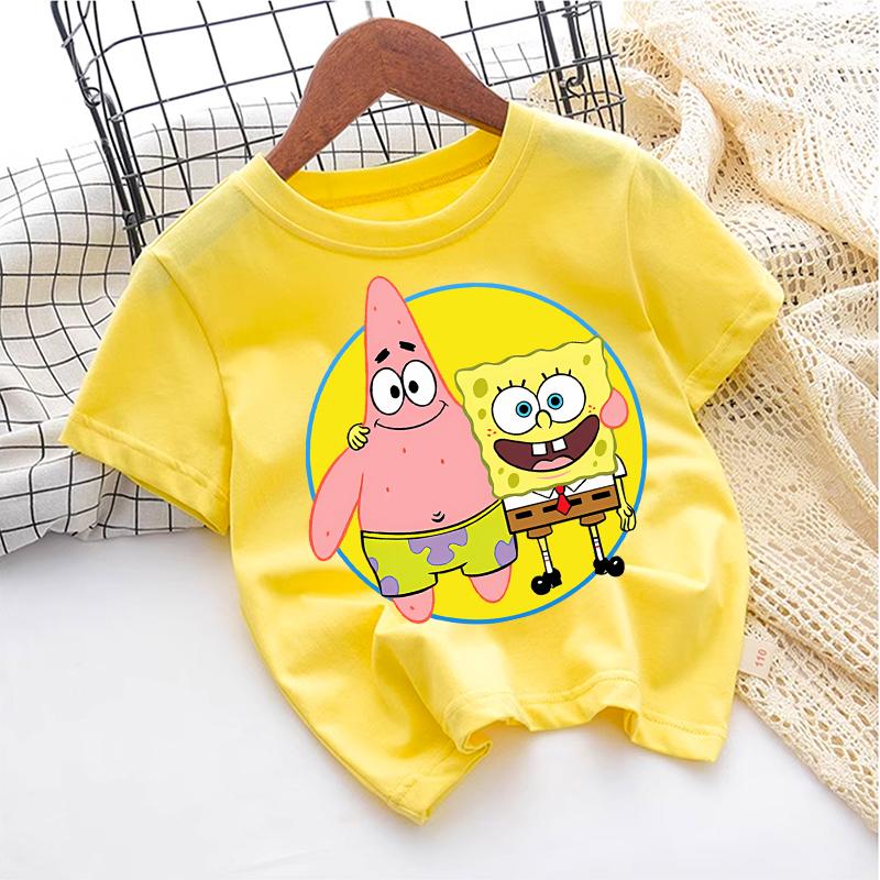 Cute SpongeBobs T-shirt Kids Anime Round Role Boys Girl Toddler Cotton Streetwear Tees Casual Short Sleeve Childern Clothes Tops