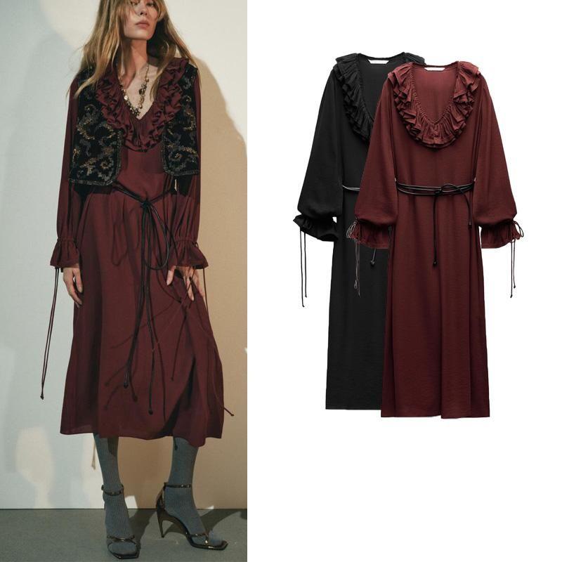 Fall and Winter New Women's Clothing French Gentle V Neck Laminated Decoration Long Sleeves Midi Skirt Dress 2678247