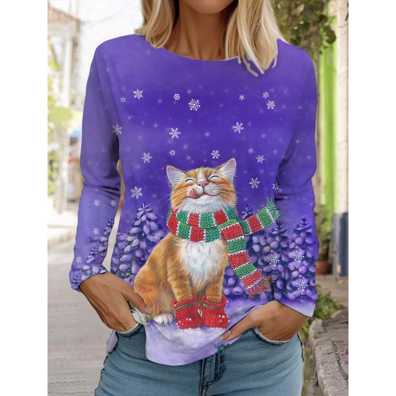 Boże Narodzenie Słodki Kot Damski Długi Rękaw T-shirt Okrągły Dekolt Długi Rękaw Jesień Odzież Zwierzę Święta Moda Impreza T-shirt