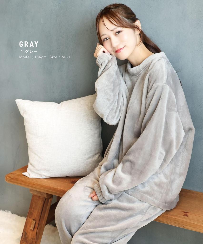 ON NISHIKI Winter Long Fluffy Top and Bottom Ultrameyer Long Loungewear Women's Sleeved, Warm, Pajamas, Set, Pullover, Pants, (Gray 1/ML/KR002)