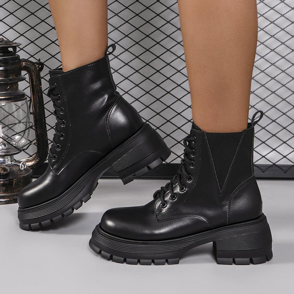Fashion Punk Style Chunky Heeled Combat Boots for Women Black Pu Leather Platform Ankle Boots Woman Thick Sole Non Slip Motorcycle Botas
