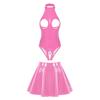 Body da donna in vernice per clubwear con scollo all'americana, stile senza cavallo, gonna a balze attaccata, dettaglio con cerniera, outfit da sera