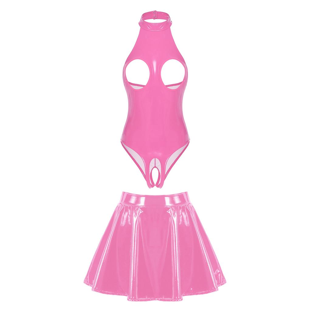 Body da donna in vernice per clubwear con scollo all'americana, stile senza cavallo, gonna a balze attaccata, dettaglio con cerniera, outfit da sera