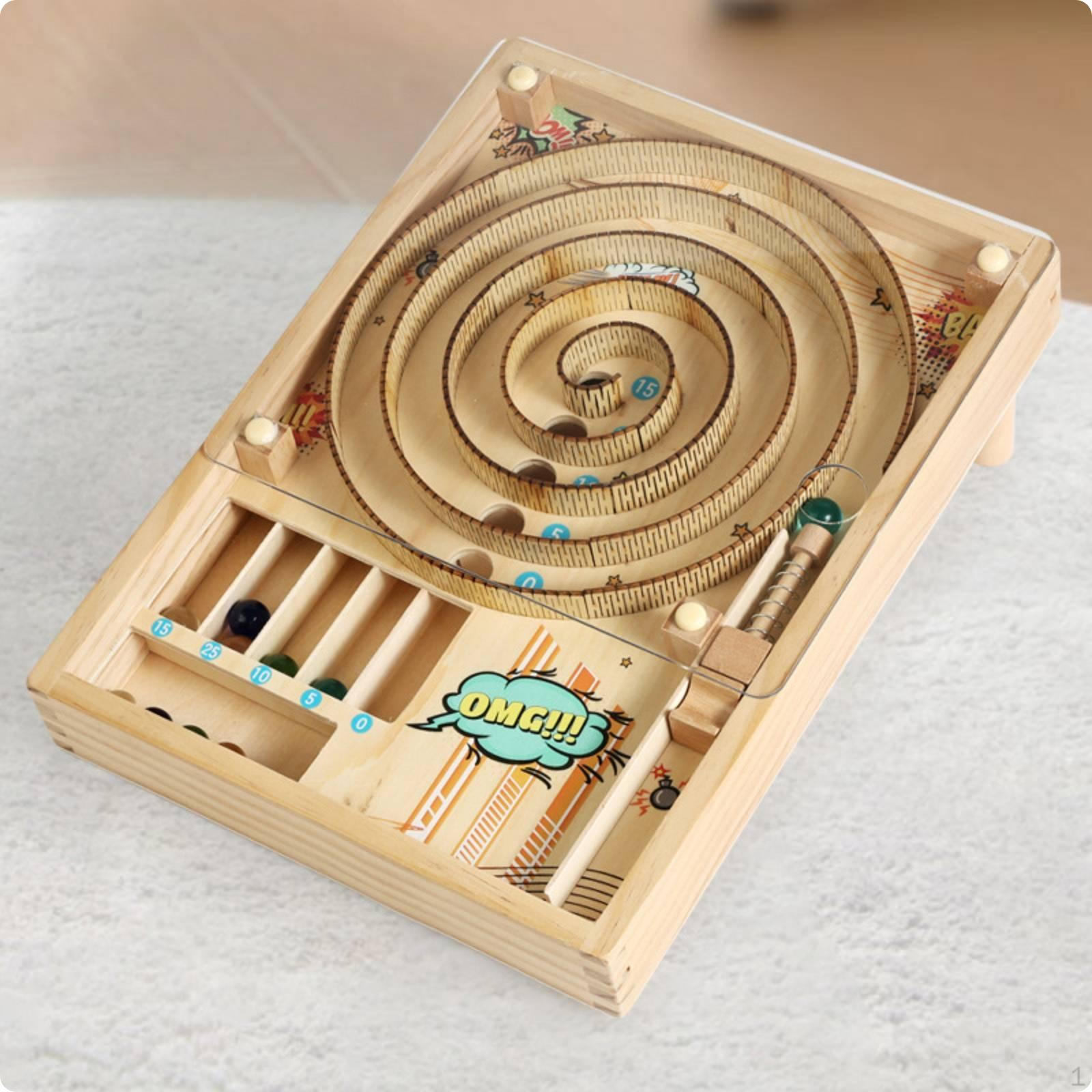Wooden Marble Pinball Machine GlassLike Panel Tabletop Game Orb Play Set B