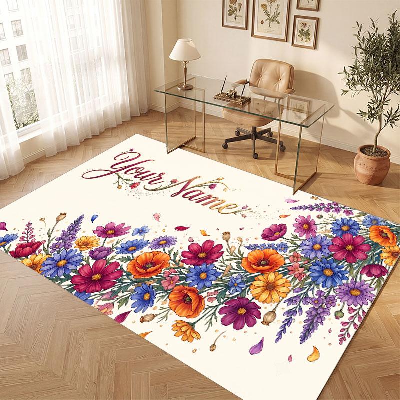 Floral Garden Theme Crystal Velvet Floor Rug Personalized Custom Name Text Warm Carpet Home Decoration