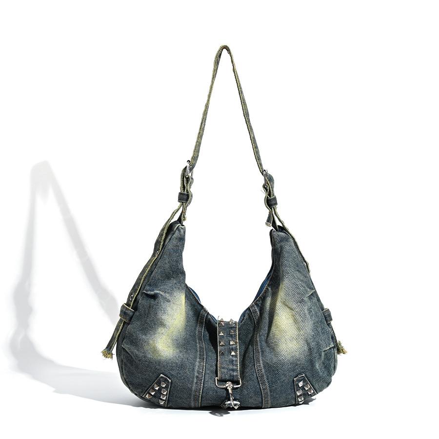 Large Capacity Tote Bag, Washed Denim Bag, Rivets, American Trend Wind Shoulder Bag, Commuter Messenger Bag.