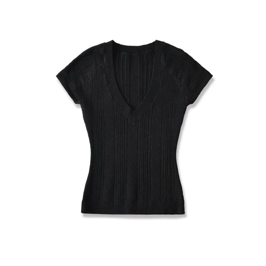 V-neck hollow short-sleeved T-shirt women's summer new American Spice Girl solid color slim-fitting knitted bottoming top