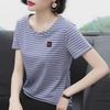 Women's Korean Striped Loose-Fit Summer Top - Casual and Versatile Short Sleeve T-Shirt for Middle-Aged Moms