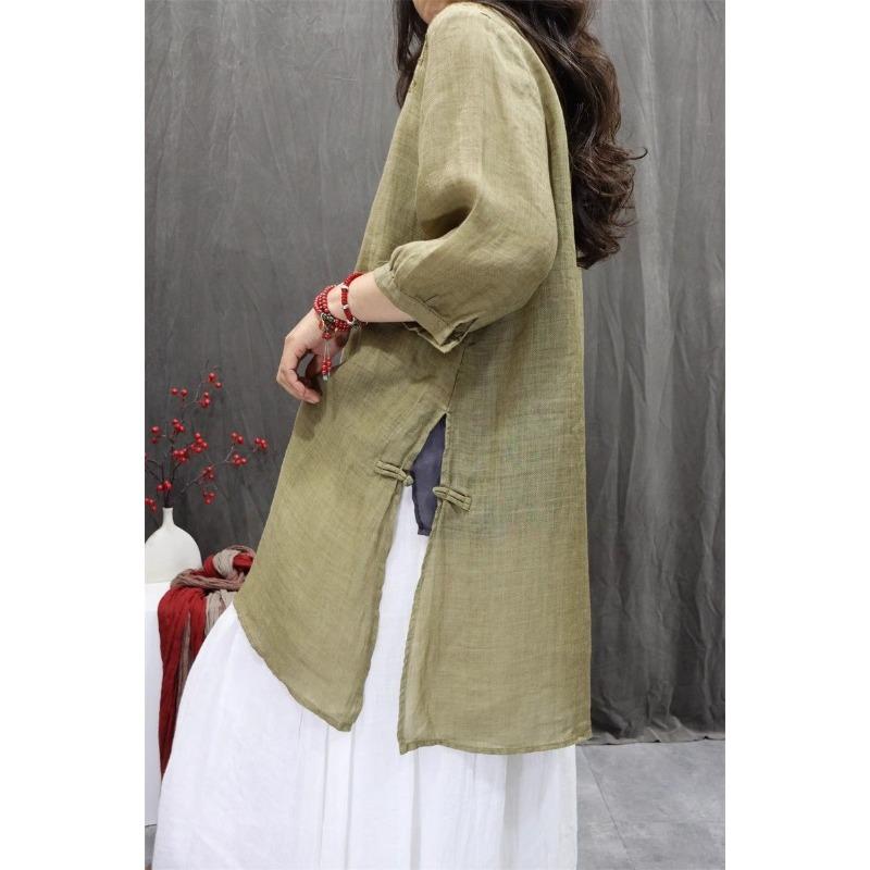 Women Summer Spring Round Neck Half Sleeve Cotton Linen Blend Embroidered Retro Casual Tunic Top