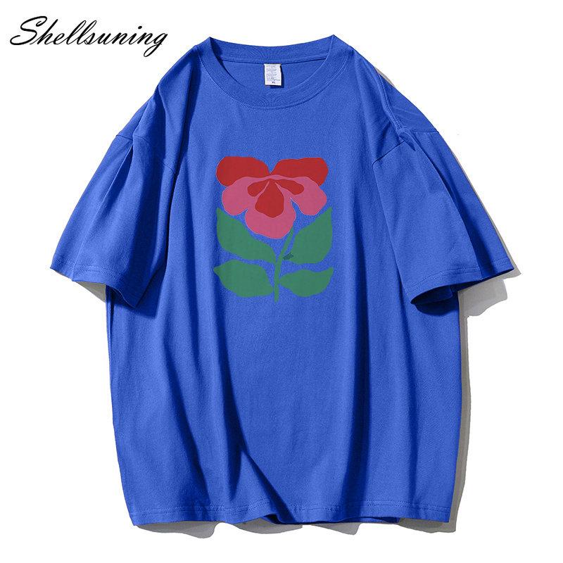 Shellsuning Krásné Květiny Tištěné Tričko pro Ženy Letní Nadměrné Ležérní O-výstřih Jednoduché Univerzální Dívčí Trička Základní Harajuku Pár Topy