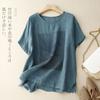 Retro Cotton Linen Print Women's T-shirts Summer Loose Round Neck Short Sleeve Casual Tops