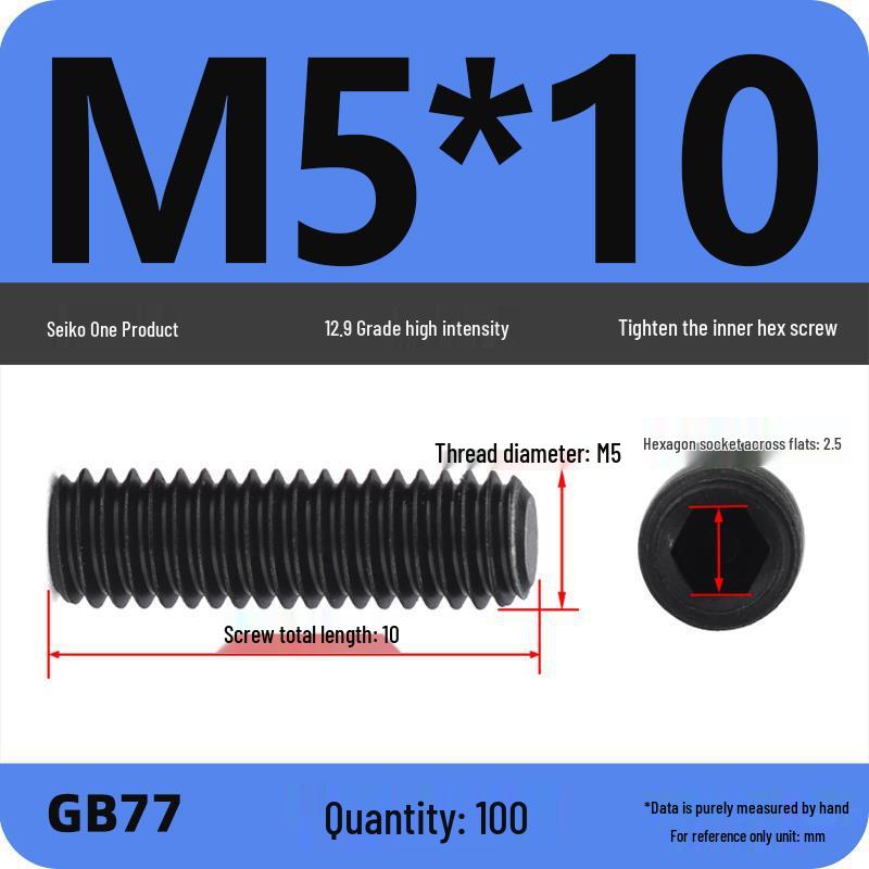 Class 12.9 Inner Hex Flat Head Headless Grub Screw M3-M12