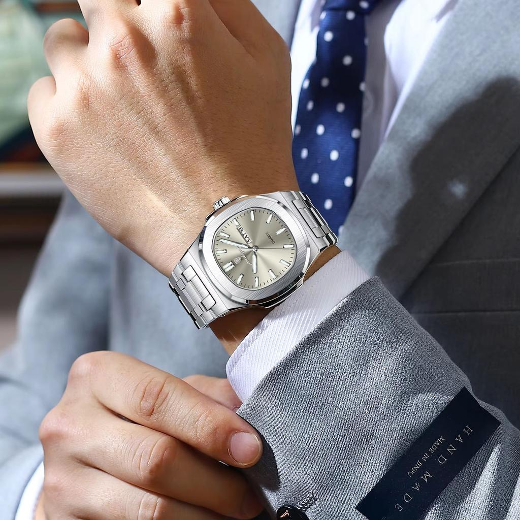 POEDAGAR Top Business Men Wristwatch Luminous Waterproof Stainless Steel Square Male Clock Week Date Quartz Casual Men's Watches