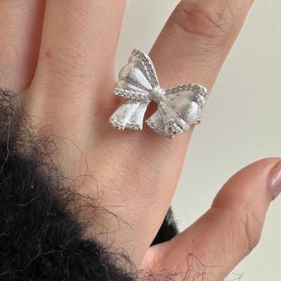 Light Luxury Exquisite Micro Zircon Diamond Matte Bow Open Ring Female Index Finger Ring Ins Niche
