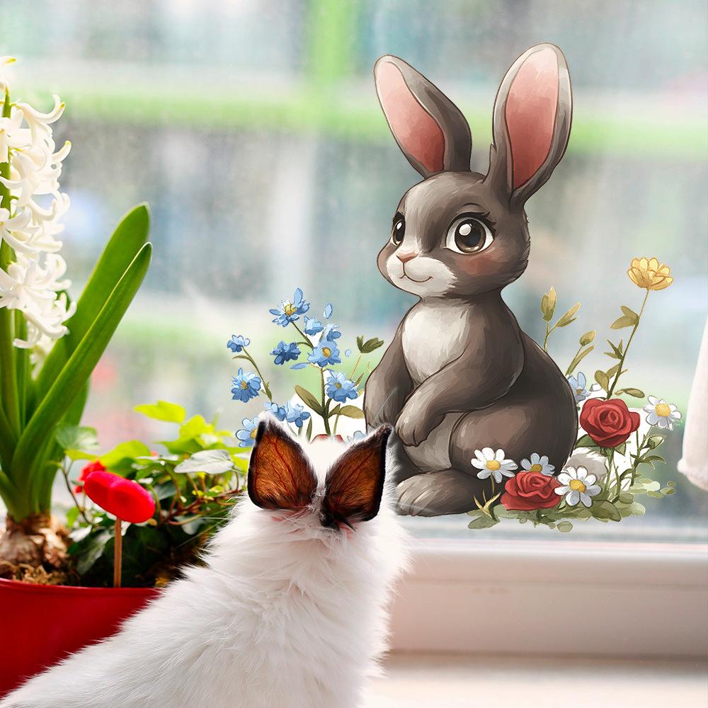 Adesivo de Parede Coelho Fofo Campo de Flores Autoadesivo Removível Quarto Sala de Estar Corredor Dormitório Decoração de Casa Arte