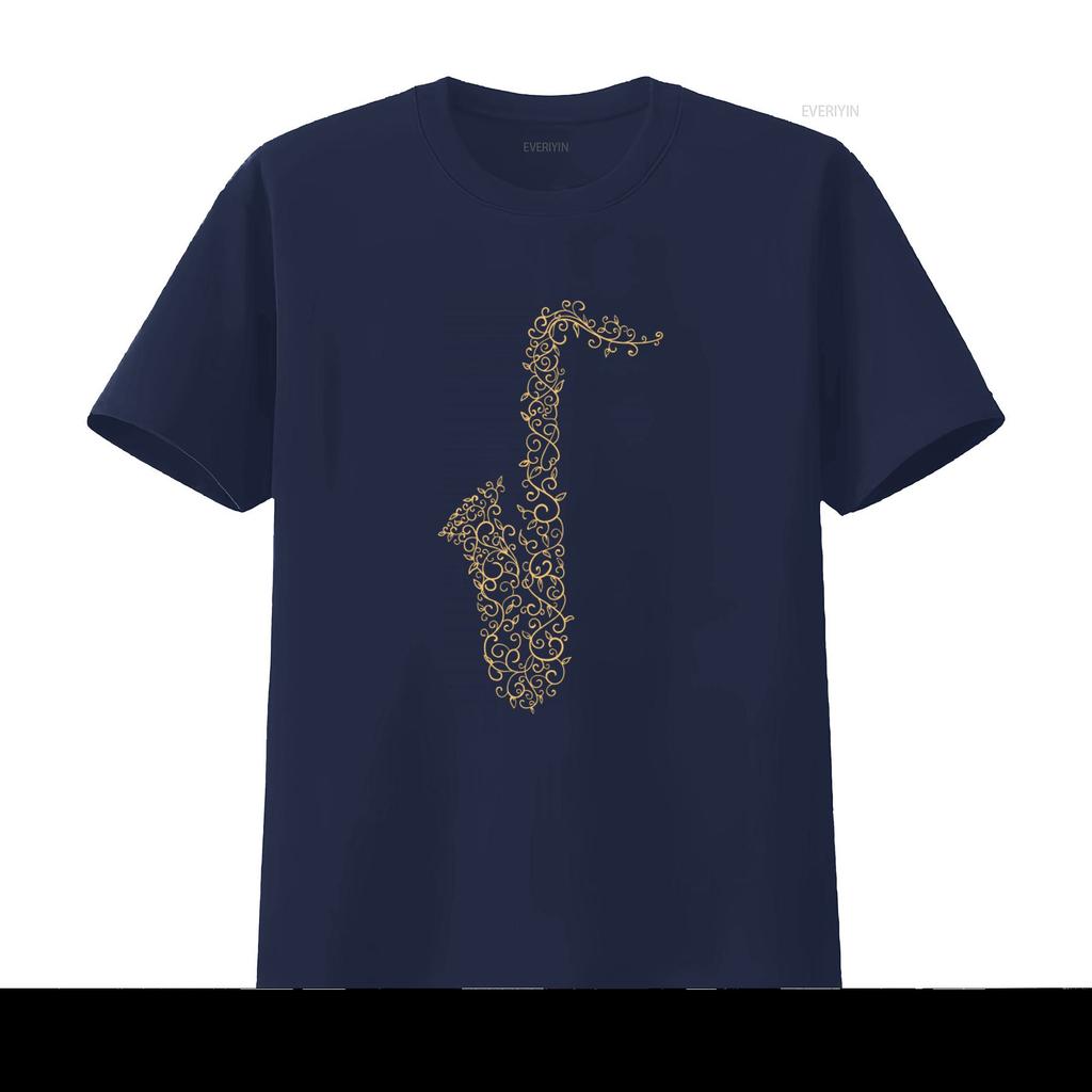 Elegant Gold Vine Wrapped Saxophone Print T Shirt for Music Lovers 100 Cotton vintage Washed homme Casual Soft Breathable