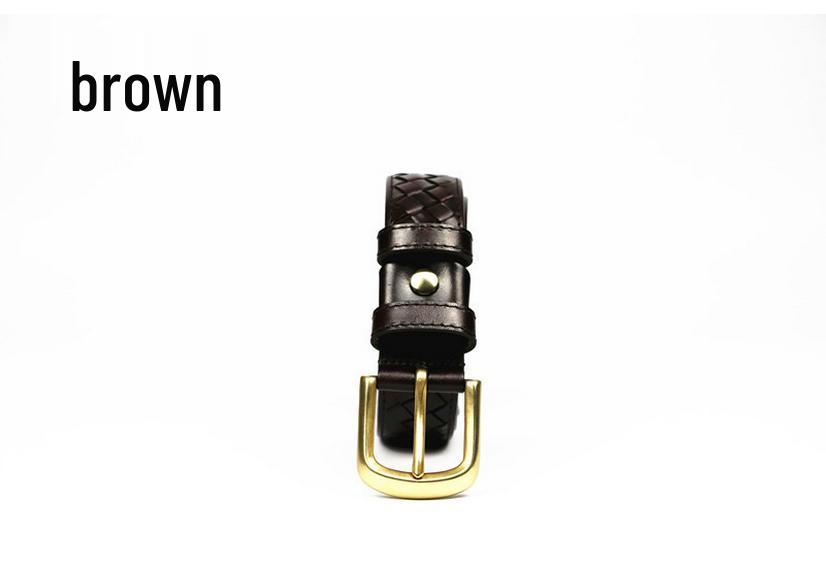 Men's Genuine Leather Woven Belt with Pure Copper Pin Buckle - Retro Casual Style