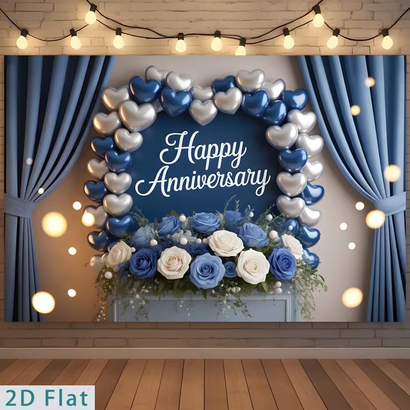 

2D Wedding Anniversary Photography Background, Elegant Blue & White Flower Decor 47.2x31.5inch/120*80cm