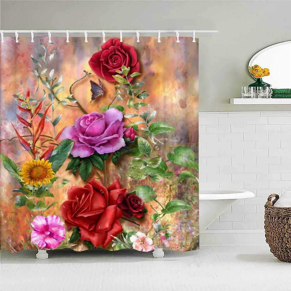 Romantic Retro Blooming Flowers Shower Curtain Garden Bath Curtains Waterproof Polyester Bathroom Shower Curtains Set with Hooks