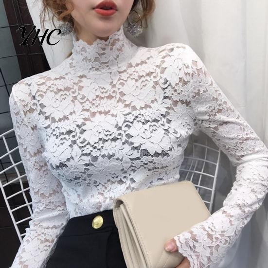 Blouse Half High Collar Long Sleeves See-Through Autumn Top Slim Lace Crochet Patchwork Hollow Tee Streetwear
