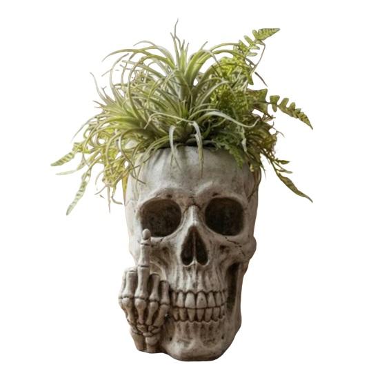 Retro Skull Sculpture Planter with Middle?Finger Gesture, Resin Succulent Pot, Gothic Skeleton Head Unique Desktop Decoration Flower for Indoor
