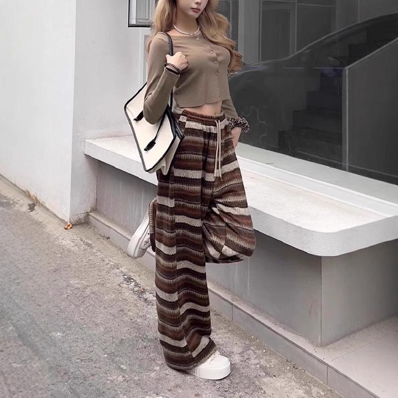 

Women s High-Waist Striped Wool Pants - 2025 Slimming Loose Wide-Leg Trousers Medium