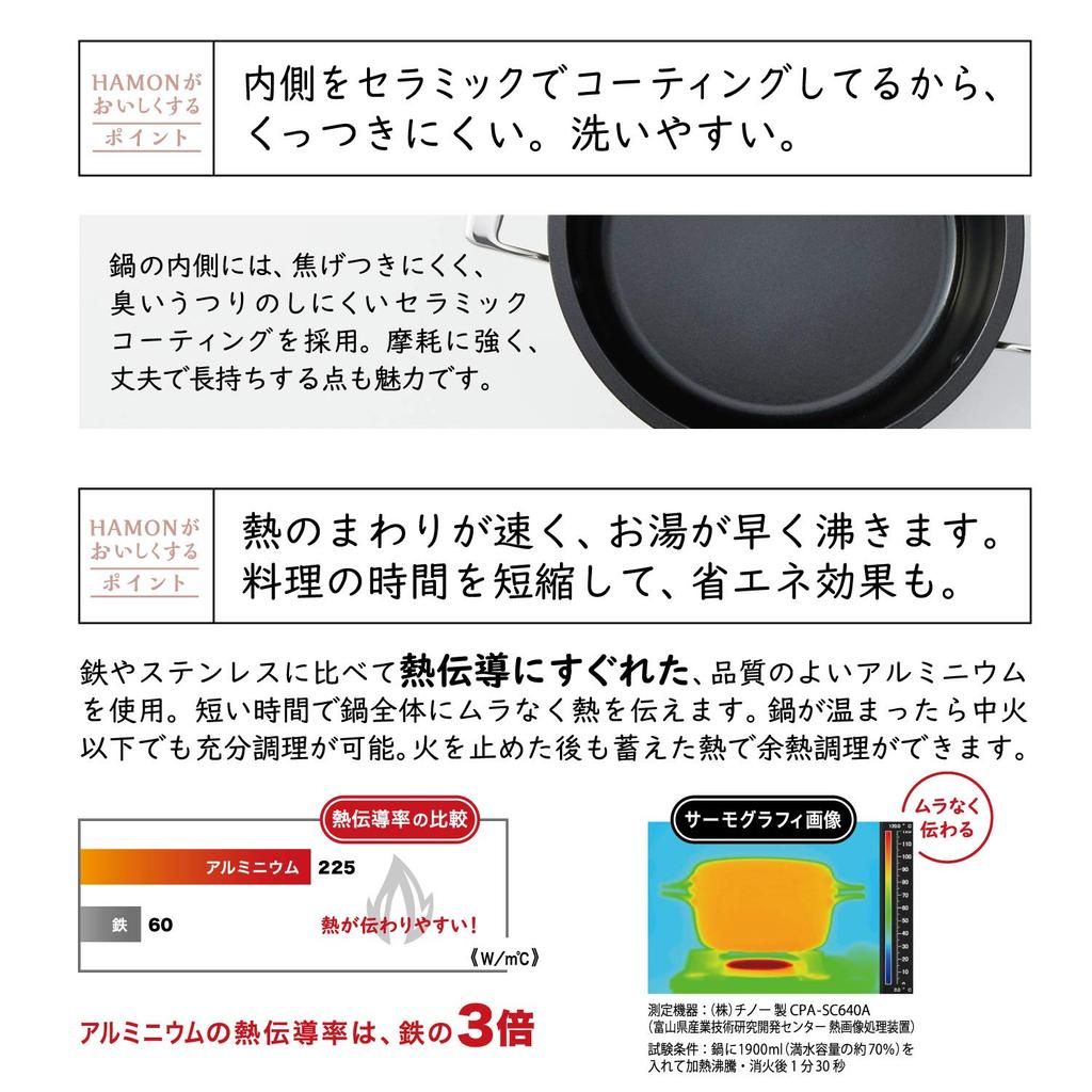 Hokuriku Aluminum 21cm Two-Handled Pot, IH Compatible, Lightweight, HAMON, Shirogane, Ceramic-Coated, Made In Japan, A-2033