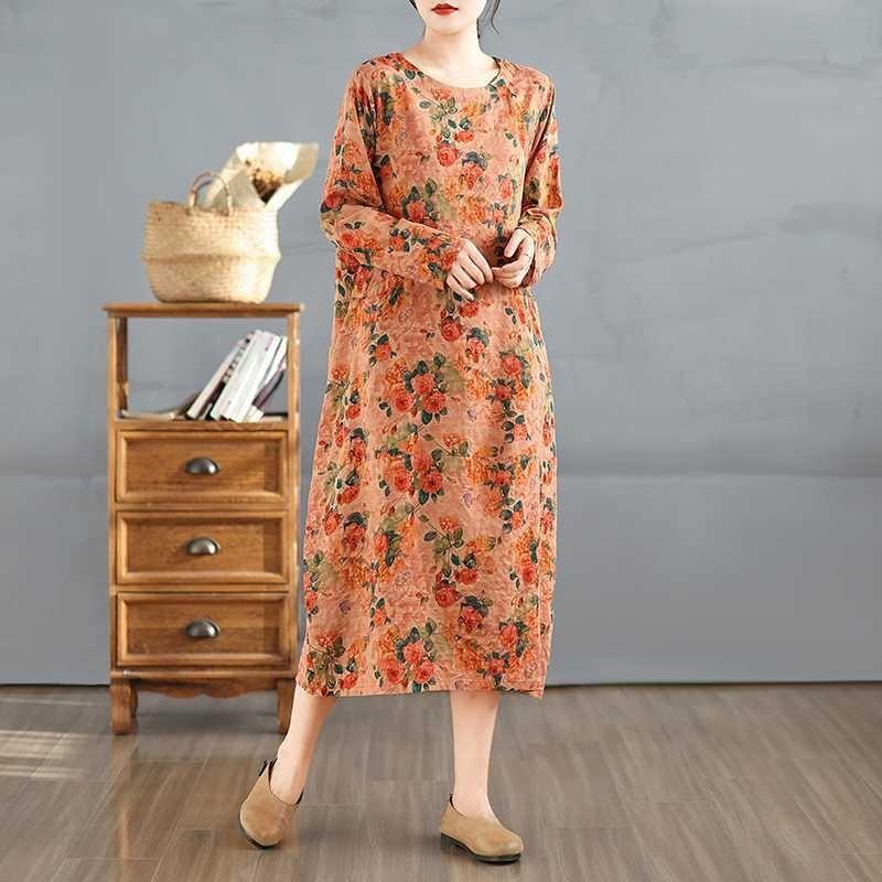 2025 Vintage Printed Round Neck Long Sleeve Patchwork Loose Plus Size Long Dresses