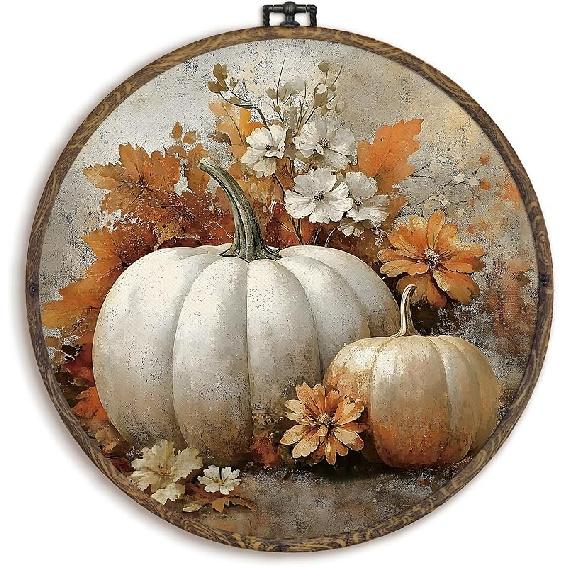 KFXHANGD Halloween Fall Raven Round Wall Art Framed, Gothic Crow Pumpkin Canvas Wall Art Decor, Halloween Fall Hanging Decor for Kitchen Bedroom