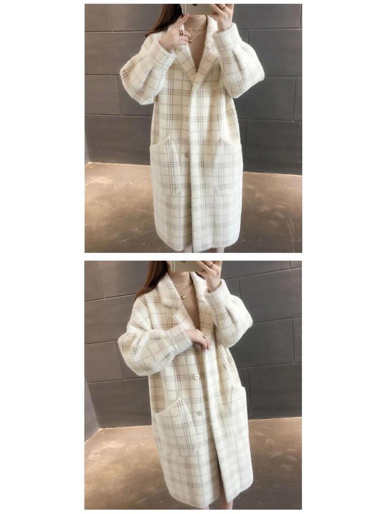 Korean Style Plaid Mid-Length Knit Jacket - Loose Fit, Long Sleeve, Autumn/Winter Women's Fashion.