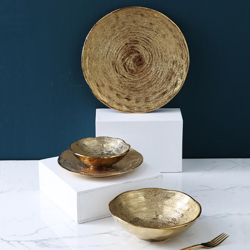 Gold Ceramic Western Steak Plate Fruit Salad Bowl Breakfast Sushi Spaghetti Cake Plate Household Irregular Plating Tableware New
