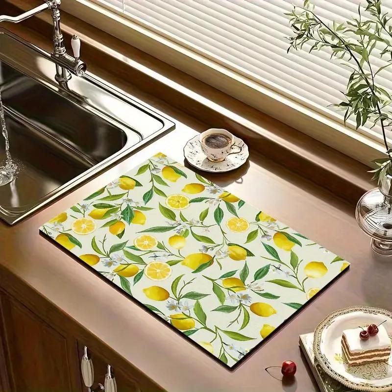 Lemon Fruits Coffee Mat Absorbent Dish Drying Mat for Kitchen Counter Rubber Backed Coffee Bar Fit Under Espresso Machine