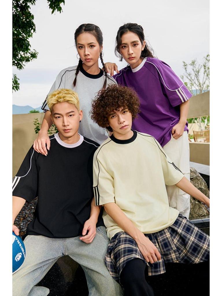 Unisex Color-Block Braided Cord Pull Tab Drop-Shoulder T-Shirt with Round Neck