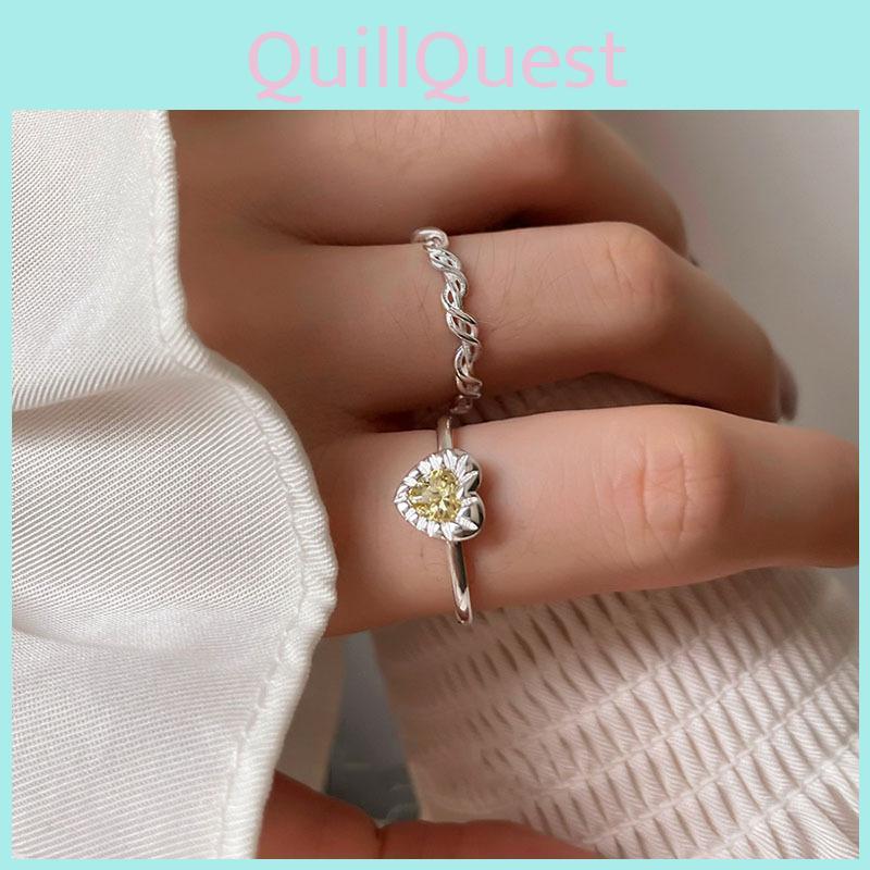Trendy Ins Style Yellow Crystal Heart Ring For Women Adjustable And Chic Accessory