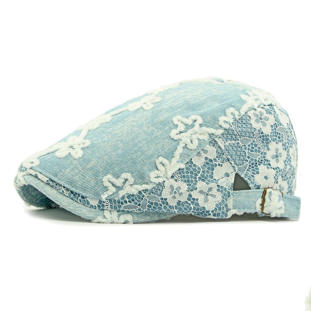 

Жаккардовая шляпа Женский британский винтажный берет Джинсовая шляпа Кепка с козырьком Шляпа вперед светло-синий