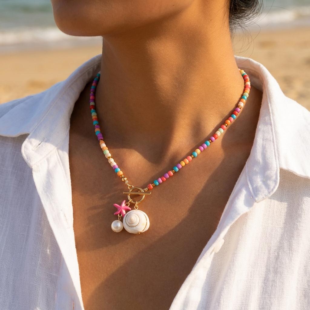 Böhmischer Seestern Muschel Anhänger Halskette mit OT-Verschluss Bunte Reiskornperlen Keramikfisch Choker Halskette Strandurlaub Schmuck