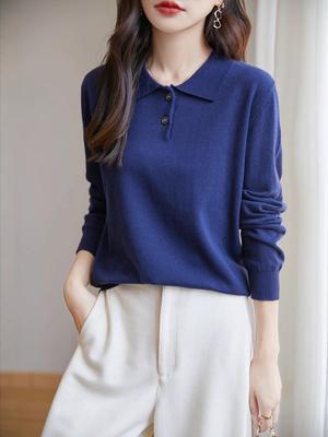 2025 Herbst Damen Einfarbig Baumwolle Strickwaren Polokragen Langarm T-Shirt