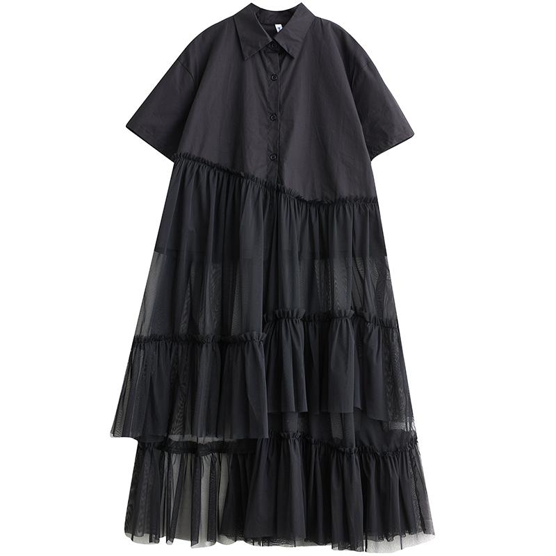 Kurzarm-Kleid aus Netzstoff in Übergröße, neu im Vintage-Stil, für Damen, lässig, locker, lang, Sommer-Hemdkleid