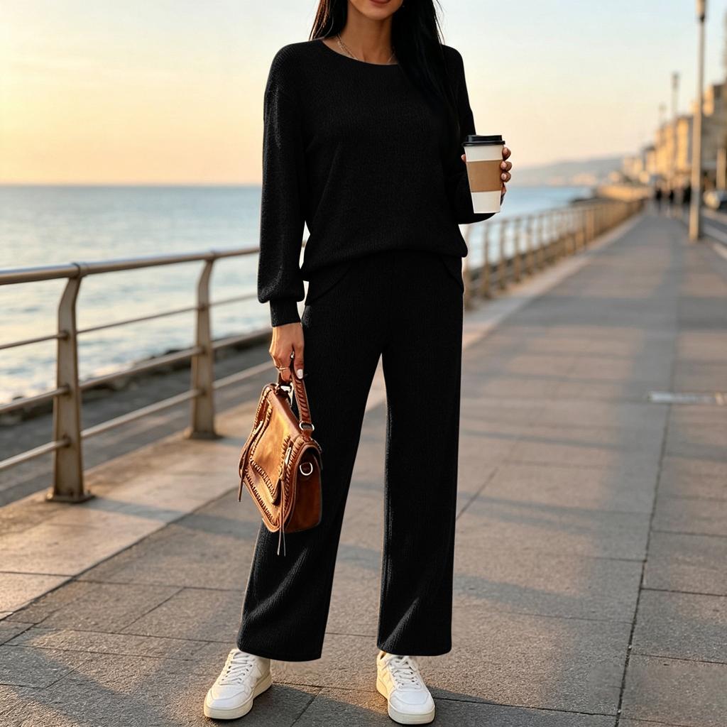 Women's Color Knit Loungewear Set Casual Relaxed Two-Piece Outfit
