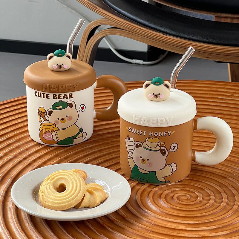 Cute Ceramic Cup With Lid Household Cartoon Couple Water Cup Gift Box High Value Souvenir Creative