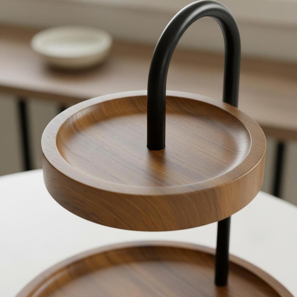TwoTier Tabletop Rack WoodGrain Finish Round Storage Black Metal Countertop Organizer for