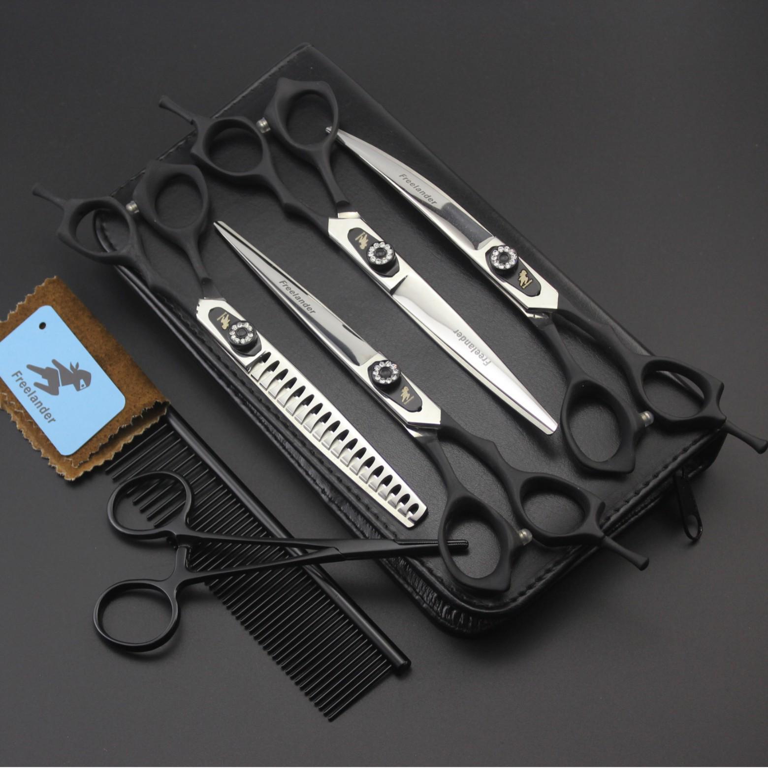 7-inch Black Handle Pet Grooming Scissors Set: 4-Piece Straight & Curved Scissors with Grooming Comb. 7.0 inch Black Handle Set (Dense Tooth)