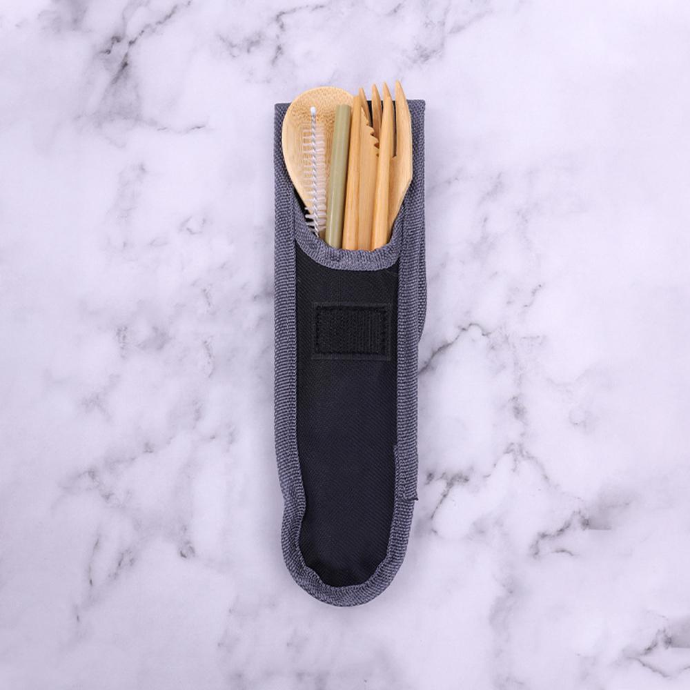 Set di Posate da Tavola Ecologico da 7 Pezzi Bambù Portatile Posate Coltello da Cena Forchetta Cucchiaio Bacchette Cannuccia con Borsa Set di Posate da Viaggio